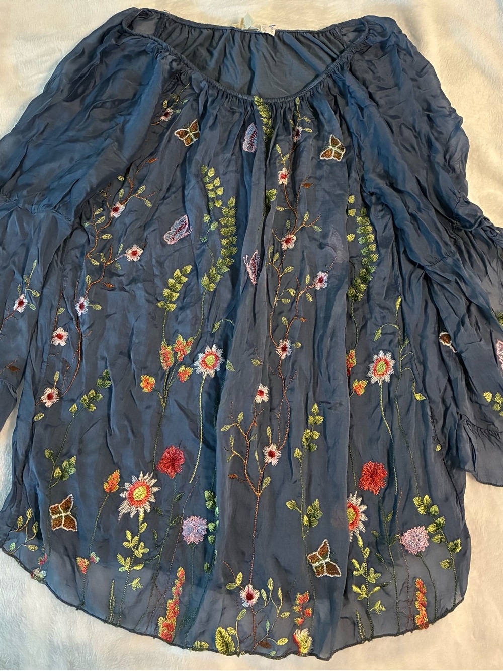 Belle France Embroidered Blue Floral Women's Peasant Top